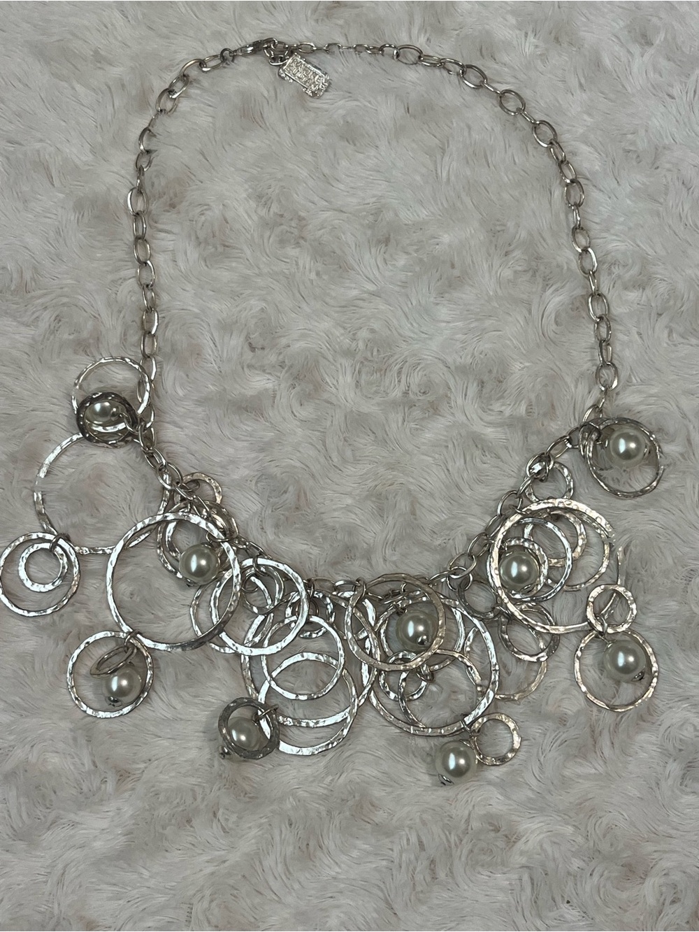 Karine Sultan Silver Tone Hammered Circle Necklace with Pearl Accents